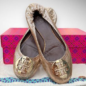 Tory Burch Gold Snakeskin Embossed Leather Reva Logo Ballerina Flats Sz 7(M)